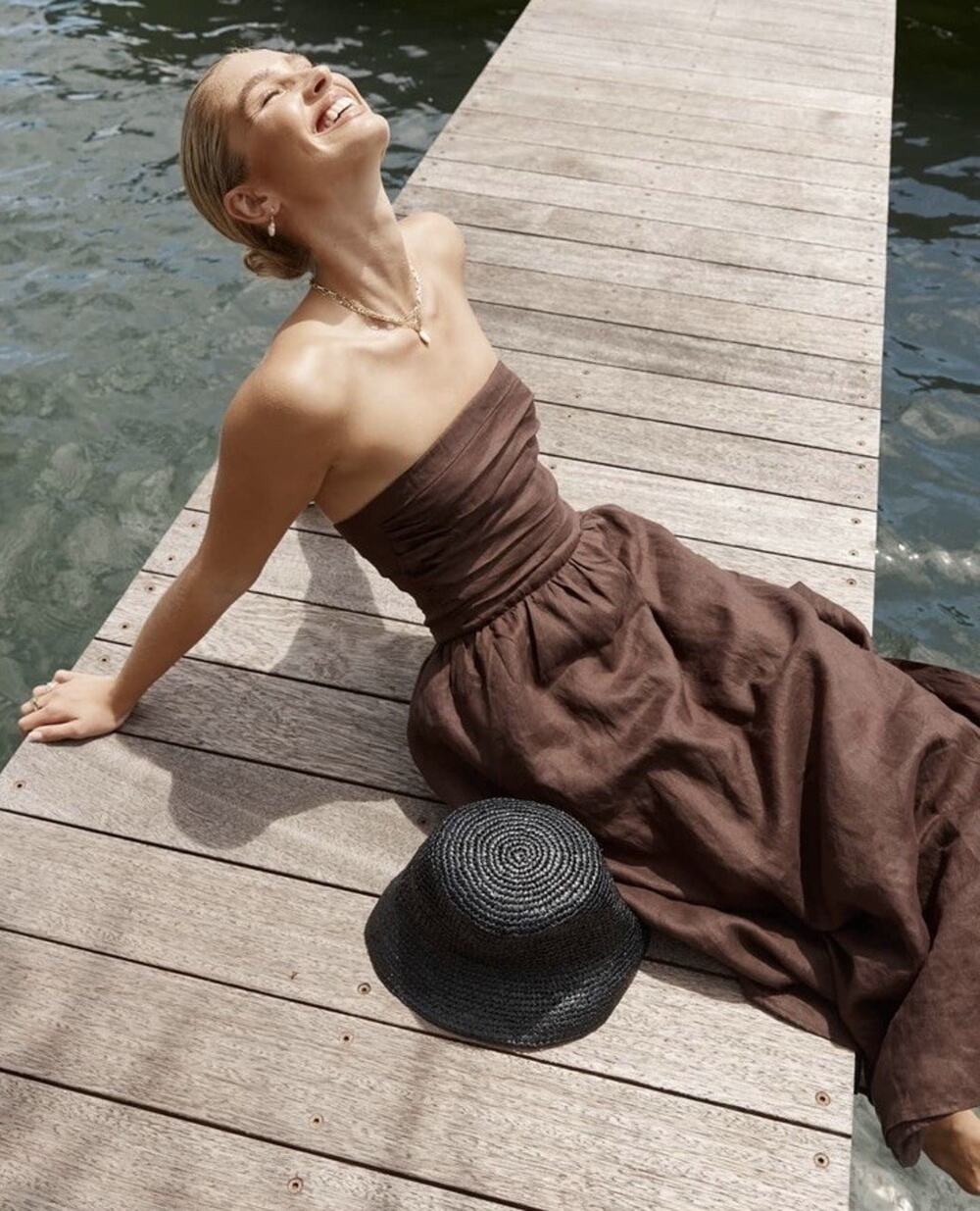 DISSH Aubriella Burnt Choc Linen Strapless Midi Dress US 8 Brown